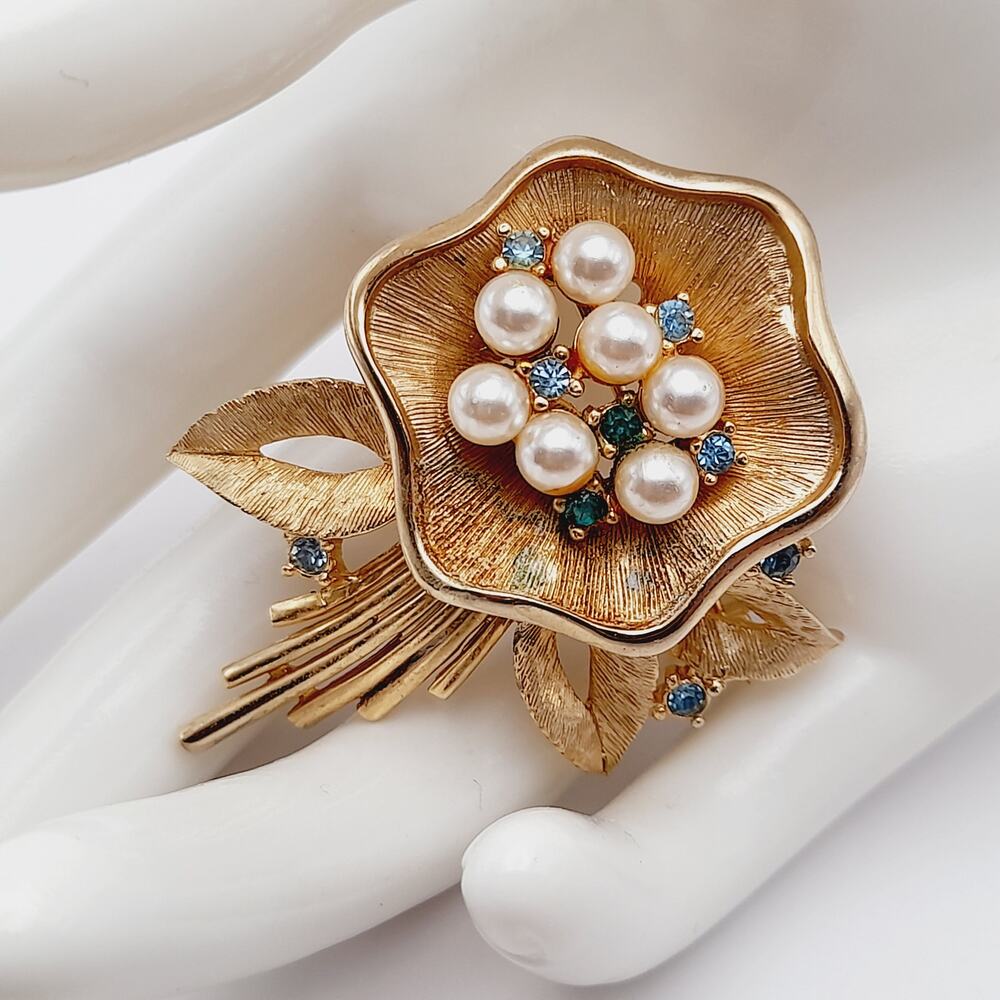 Vintage Ledo 1962 Floral Brooch, Gold Plated Faux Pearl Rhinestone Pin, Signed